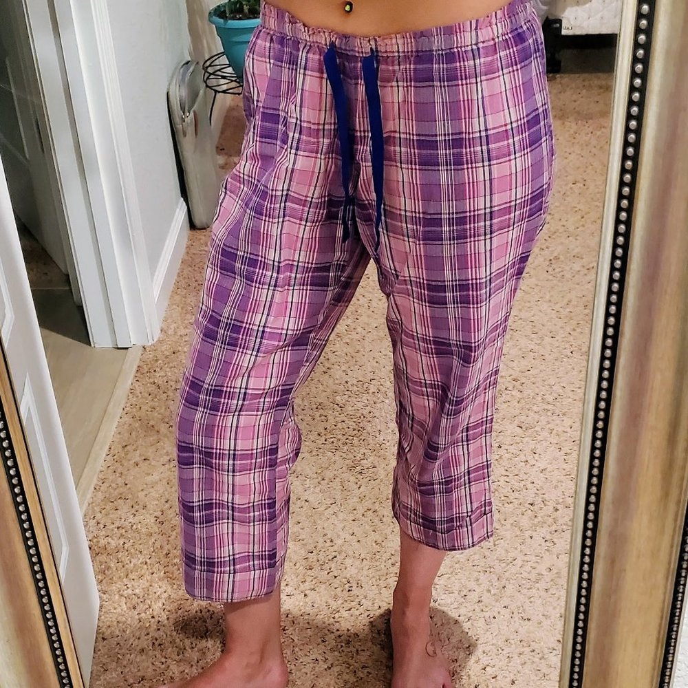 Gap Body XS Pink Plaid Elastic/Drawstring Waist, Loose Leg Capri PJ Pants